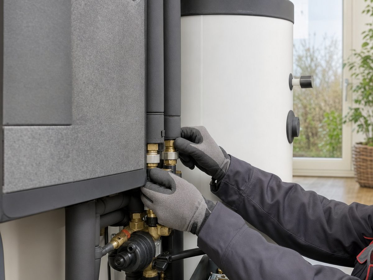 Installateur de pompe à chaleur air/eau au travail